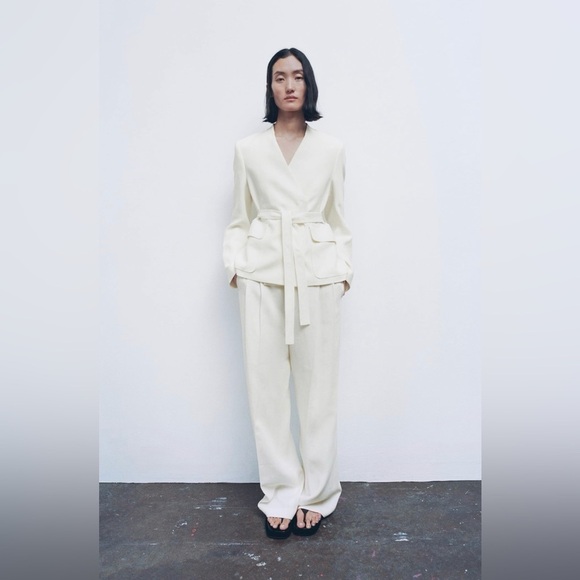 Zara Women Bloggers Fav Oyster White Linen Blend Belted Business Blazer Size M - Picture 6 of 17